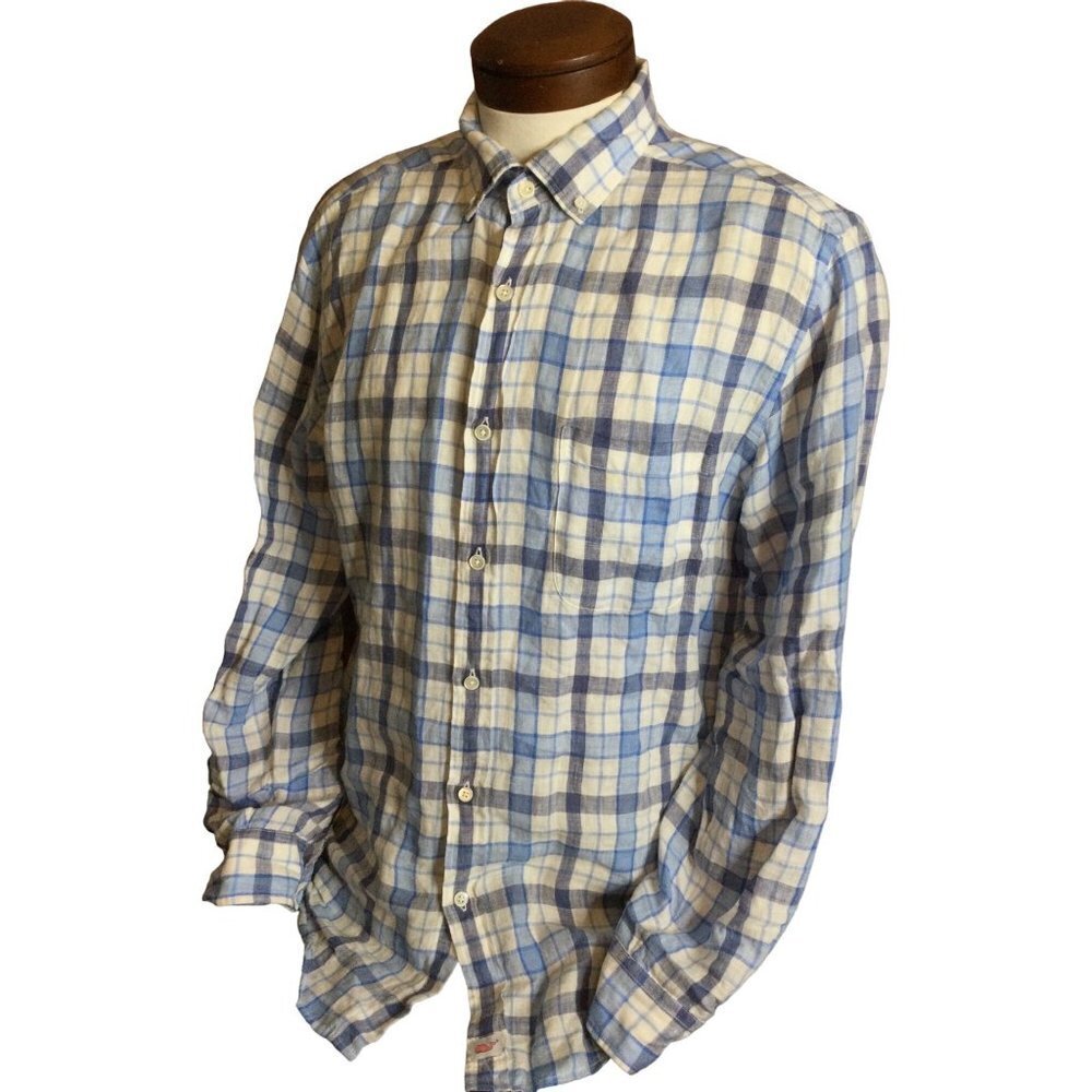 Vineyard Vines Mens Check Classic Fit Murray Linen Button Down Shirt Blue Medium